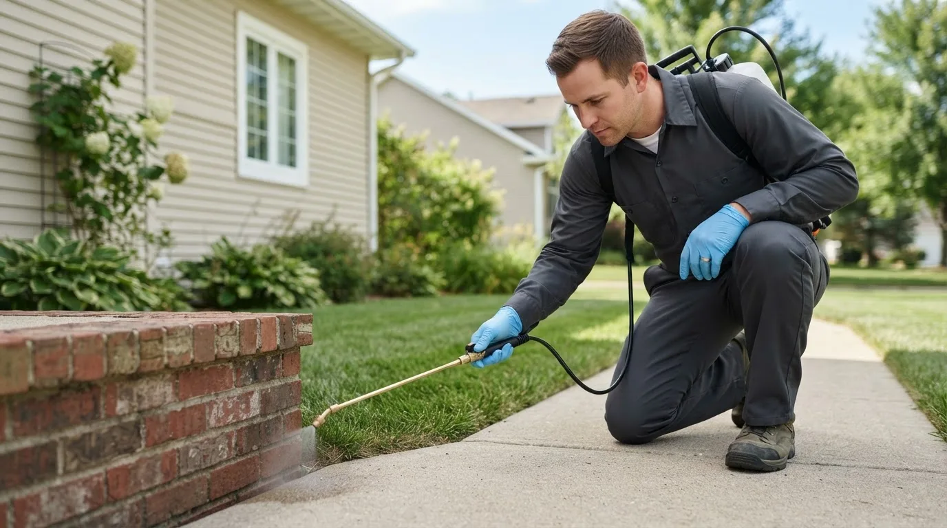 Pest control technician treating a home near Brazoria, TX