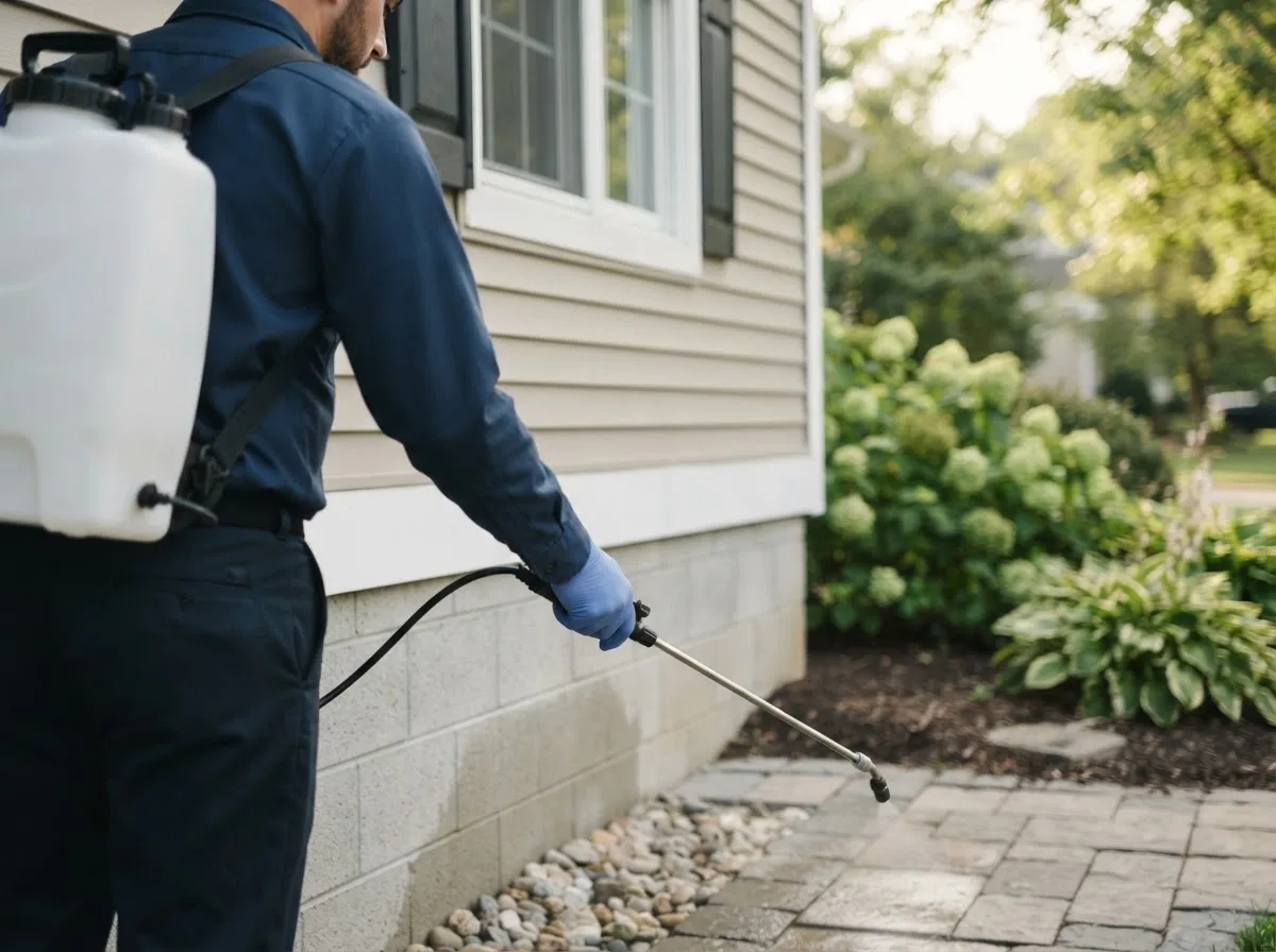 Pest control technician inspecting a home in Brazoria, TX